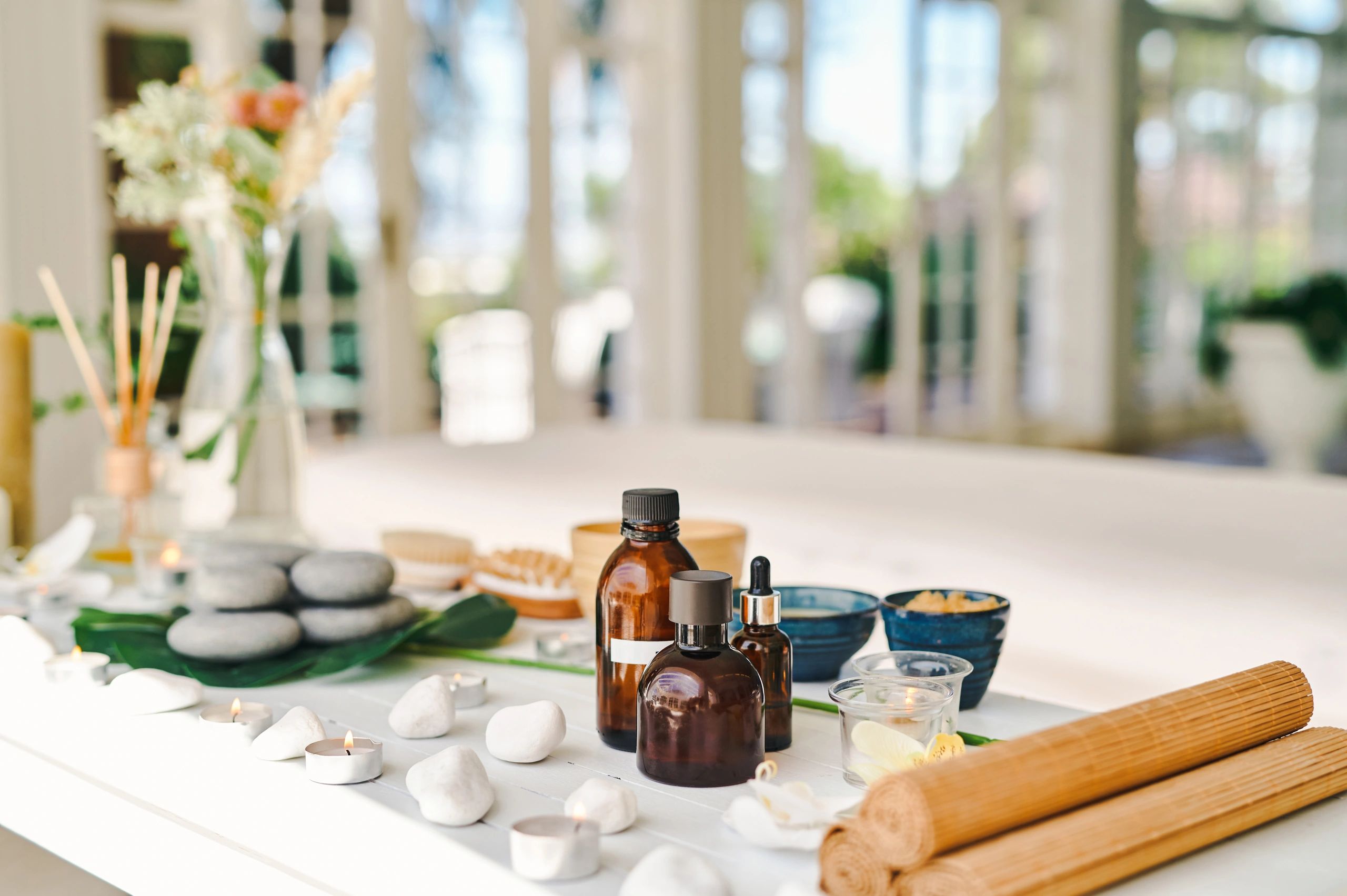 Curated beauty and skincare products at a spa